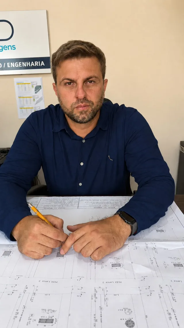 Rodrigo Duron em ambiente de trabalho com projeto de engenharia